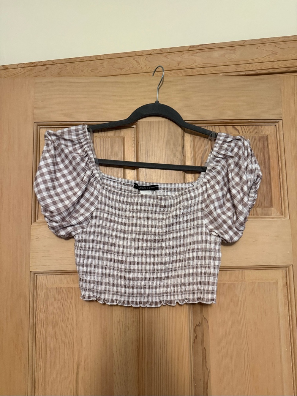 Caution To The Wind Brown and White Gingham Smocked Puff-Sleeve Crop Top